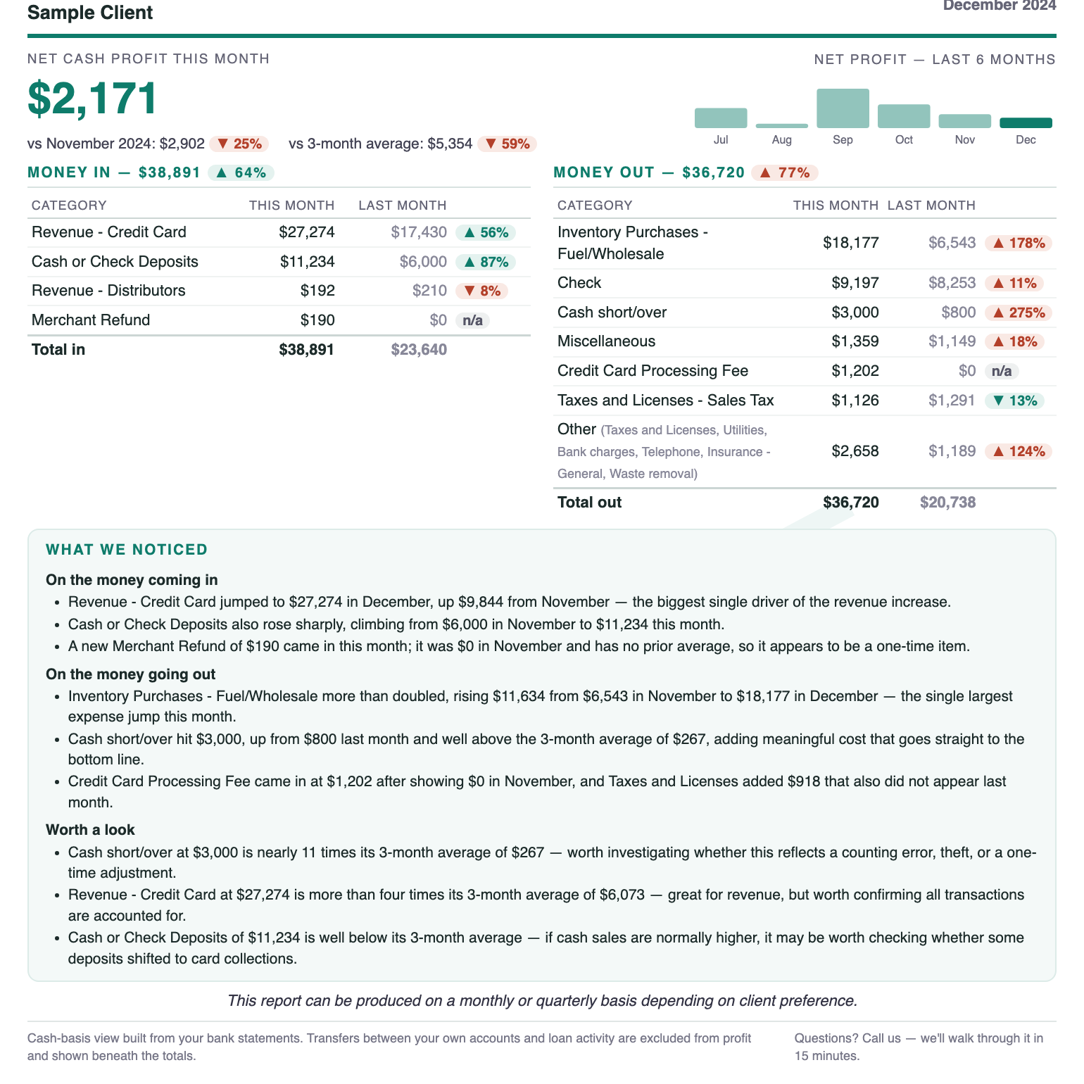 A sample one-page P&L: net cash profit, money in and money out by category, and what we noticed